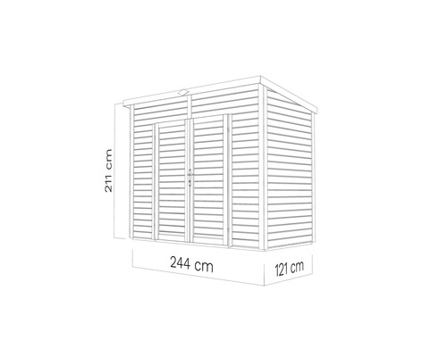 Afbeelding van een tuinhuis met de afmetingen 211 bij 244 bij 121 centimeter.