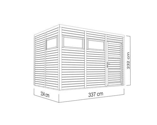 Tekening van een tuinhuis met deur en ramen en maatgegevens.