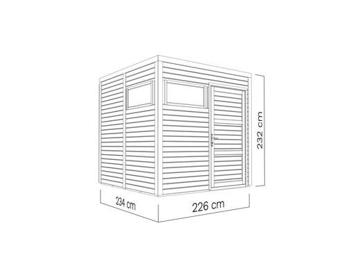 Afbeelding van een tuinhuis met de afmetingen 234 bij 226 bij 232 centimeter.