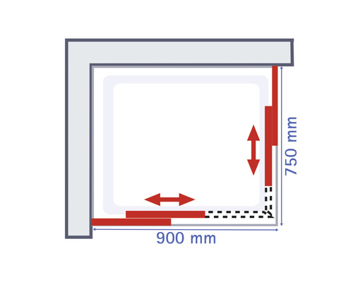 Technische tekening van een douche met de afmetingen 900 bij 750 millimeter