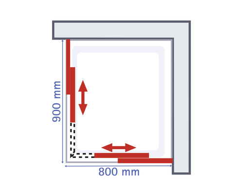 Diagram van een douchecabine met de afmetingen 900 mm en 800 mm