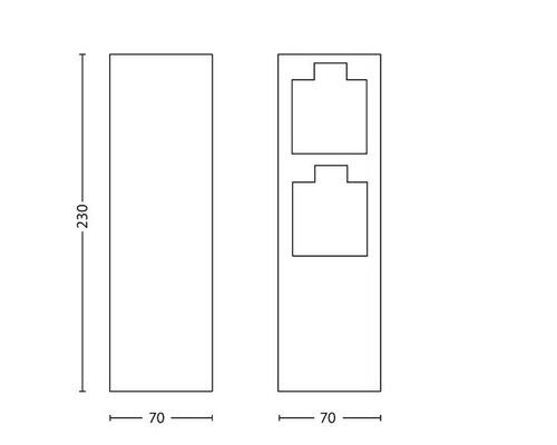 Technische tekening van twee hangkasten met de afmetingen 70 x 230 cm