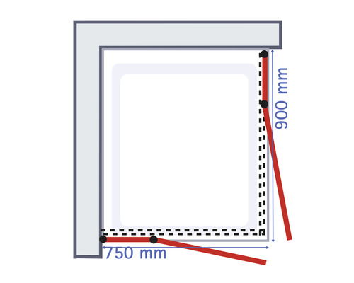 Technische tekening van een douche met afmetingen van 750 mm en 900 mm