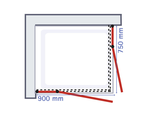 Technische tekening van een douchecabine met afmetingen 750 mm en 900 mm