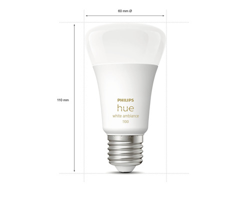Philips Hue lamp met de afmetingen 110 mm hoogte en 60 mm diameter