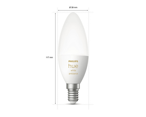 Philips Hue lamp met E14 fitting, circa 39 millimeter diameter en circa 117 millimeter lengte