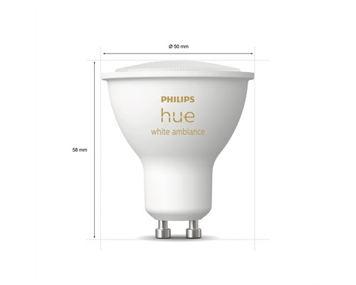 Philips Hue lamp met afmetingen van 50 mm diameter en 58 mm hoogte