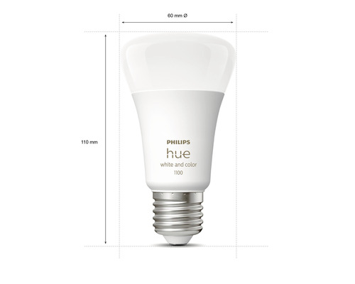 Philips Hue lamp met de afmetingen 110 mm hoog en 60 mm diameter.