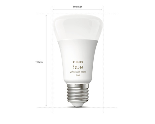 Philips Hue lamp met afmetingen 60 millimeter diameter en 110 millimeter hoogte.