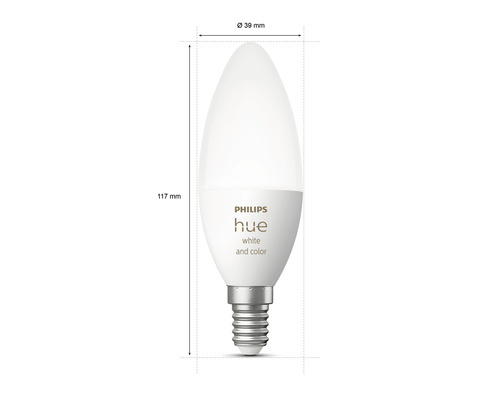 Philips Hue lamp met afmetingen 117 mm lang en 39 mm diameter