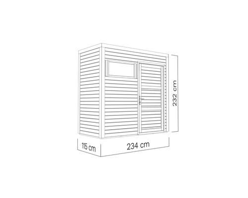 Afbeelding van een tuinhuis met de afmetingen 234 cm breed, 115 cm diep en 232 cm hoog.
