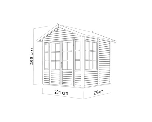 Afbeelding van een tuinhuis met de afmetingen 265 cm hoog, 234 cm breed en 226 cm diep.