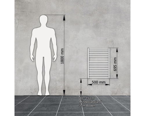 Maatschets van een handdoekradiator met afmetingen en een menselijk silhouet ter vergelijking van de grootte