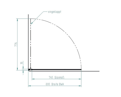 Technische tekening van een douchewand met afmetingen