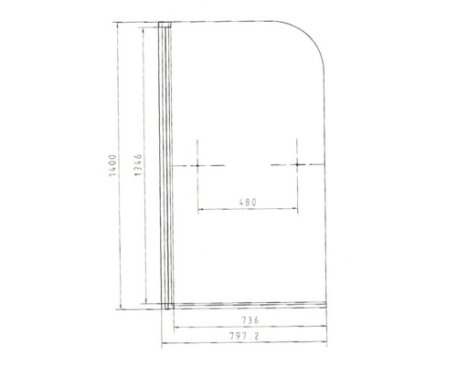 Technische tekening van een douchewand met afmetingen