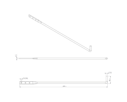 Technische tekening van een metalen staaf met bevestigingsgaten en een gebogen uiteinde