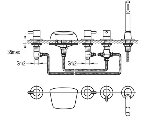 Schets van een badkamerkraan met afmetingen en aansluitingen
