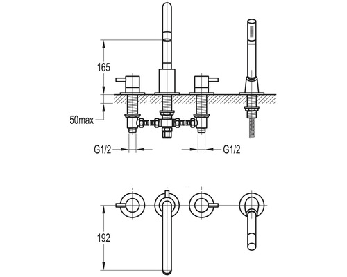 Technische tekening van een opbouw badkraan met handdouche.