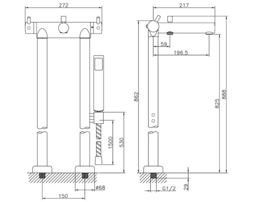Maatschets van een vrijstaande badkraan met handdouche en maataanduidingen