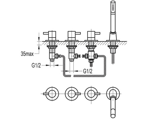 Technische tekening van een kraan met wateraansluitingen en afmetingen