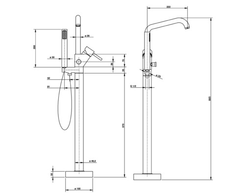 Technische tekening van een vrijstaande badkraan met handdouche en maataanduidingen