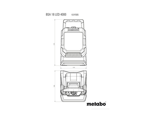 Metabo Logo met technische tekeningen van een BSA 18 LED 4000 bouwplaatslamp
