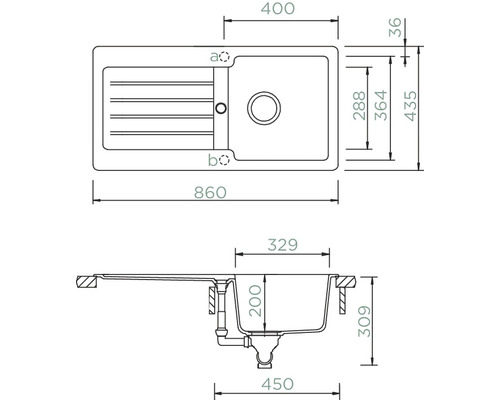 Technische tekening van een spoelbak met maataanduidingen.