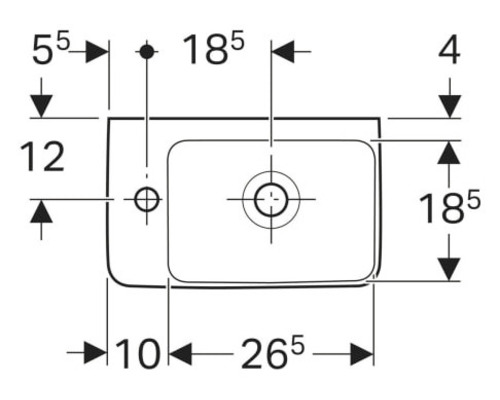 Technische tekening van een wastafel met maataanduidingen