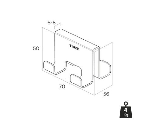 Tiger Logo kapstokhaak met afmetingen en gewichtsinformatie