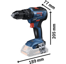 Afbeelding van een accuboormachine met de afmetingen 77 mm, 189 mm en 205 mm.