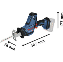 Bosch accu reciprozaag met afmetingen 367 mm lengte, 177 mm hoogte en 78 mm zaagbladlengte