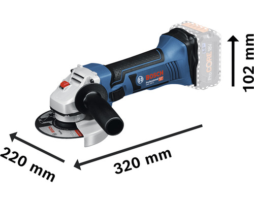 Bosch Professional accu haakse slijper met afmetingen van 320 mm lang, 220 mm breed en 102 mm hoog