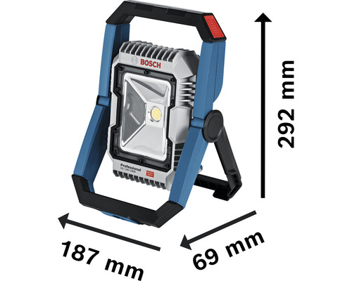 Bosch Logo met afmetingen van een bouwlamp op accu