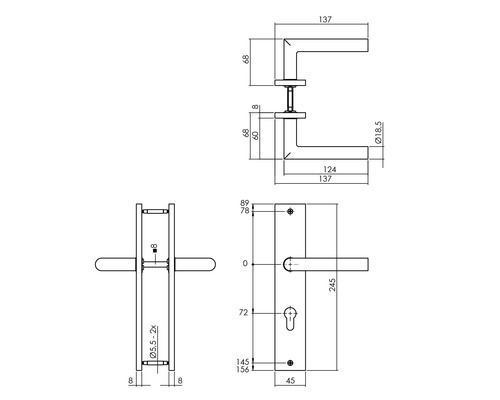 Technische tekening van een deurkruk met afmetingen