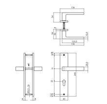 Technische tekening van een deurklink met afmetingen