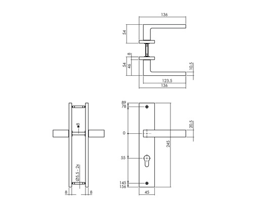 Technische tekening van een deurklink met afmetingen