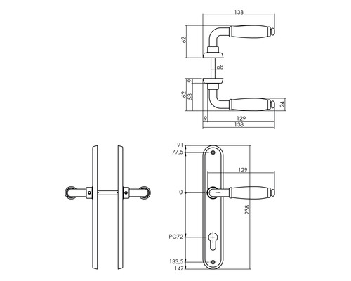 Technische tekening van een deurklinkstel met afmetingen