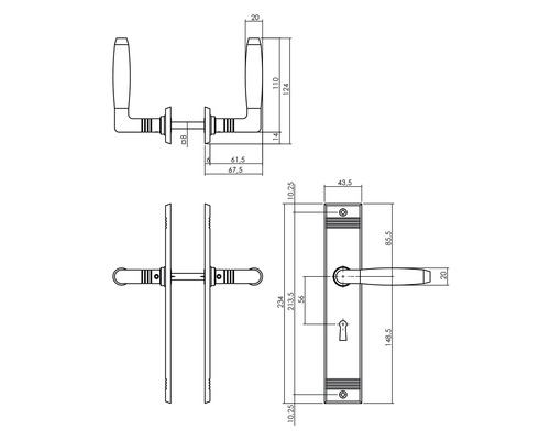 Technische tekening van een deurkruk met afmetingen