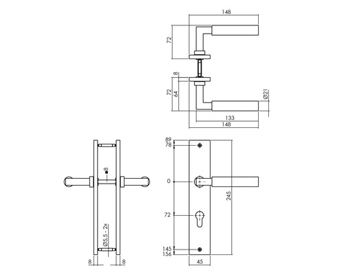 Technische tekening van een deurkruk met afmetingen