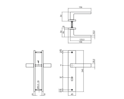 Technische tekening deurklink met afmetingen