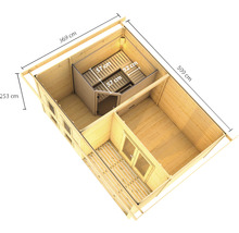Plattegrond van een tuinsauna met afmetingen in centimeters.