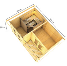 Bovenaanzicht van een tuinhuis met sauna en maatvoering