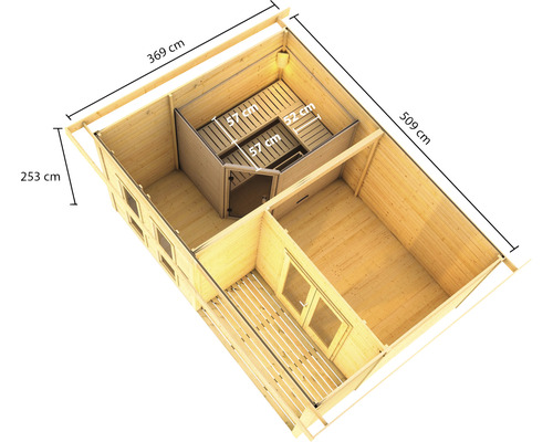 Bovenaanzicht van een tuinhuis met sauna en maatvoering