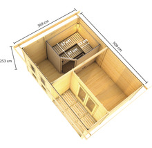 Bovenaanzicht van een tuinhuis met sauna en maataanduidingen