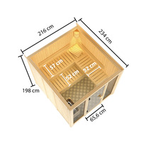 Bovenaanzicht van een sauna met afmetingen van hoogte, breedte en diepte.