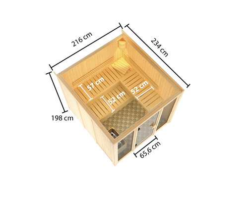 Bovenaanzicht van een sauna met afmetingen van hoogte, breedte en diepte.