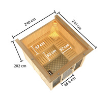 Afmetingen van een houten sauna met banken en glazen voorkant