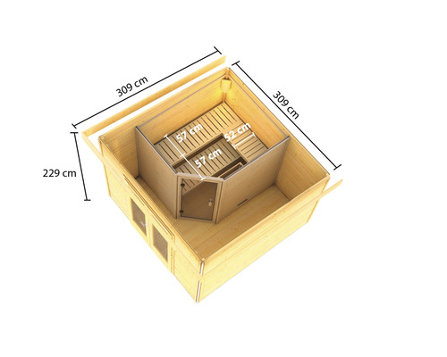 Houten tuinhuis met sauna en de afmetingen 309 x 229 cm
