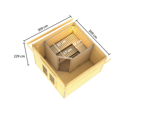 Bovenaanzicht van een houten saunahuis met maatvoering