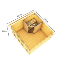 Bovenaanzicht van een tuinhuis met sauna en afmetingen: 369 cm lengte, 229 cm hoogte en 57 cm saunabanken.
